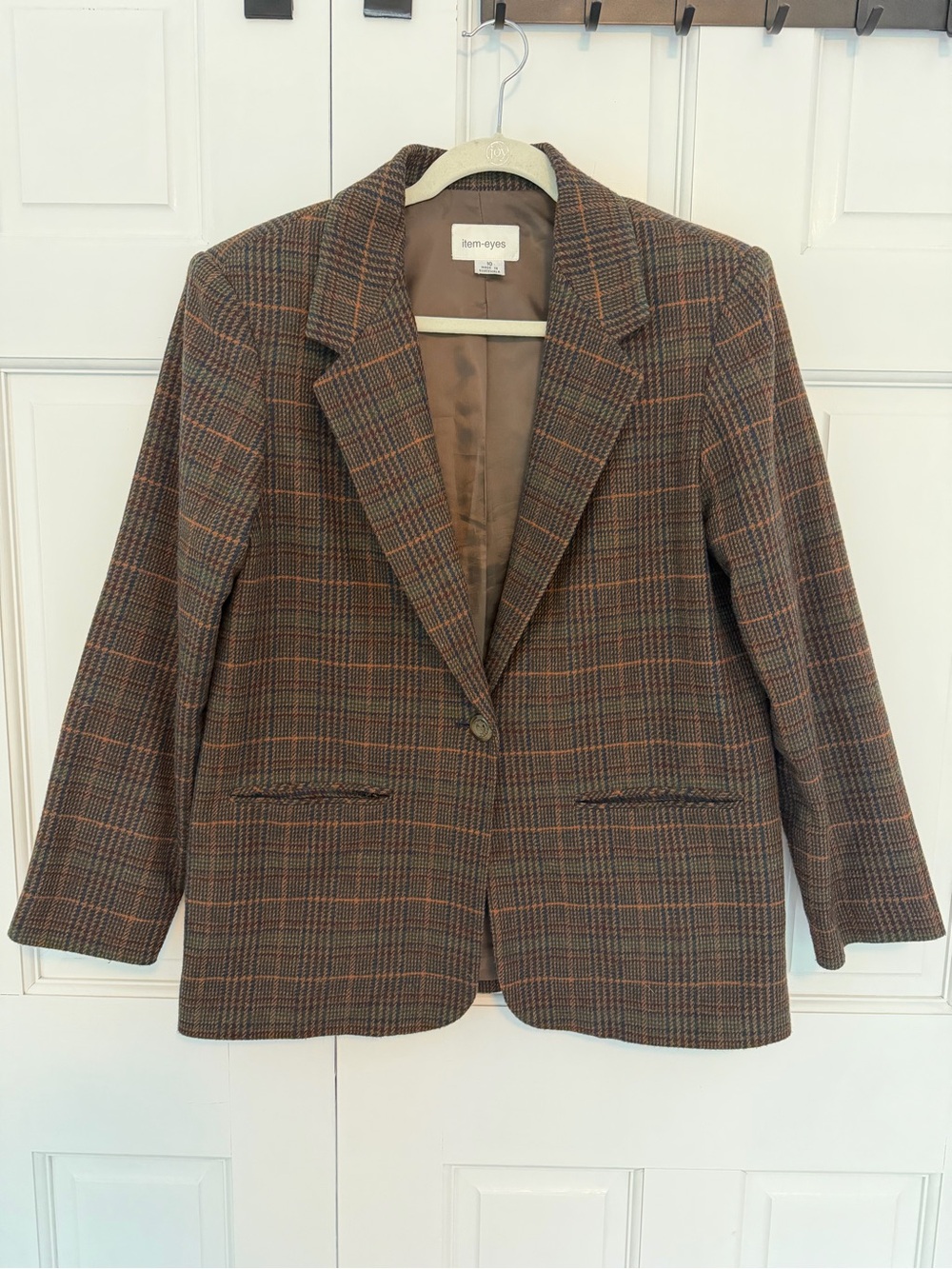 Item-Eyes Wool Blend Plaid Blazer Jacket Womens Size 10 Brown Windowpane Vintage - Picture 2 of 9